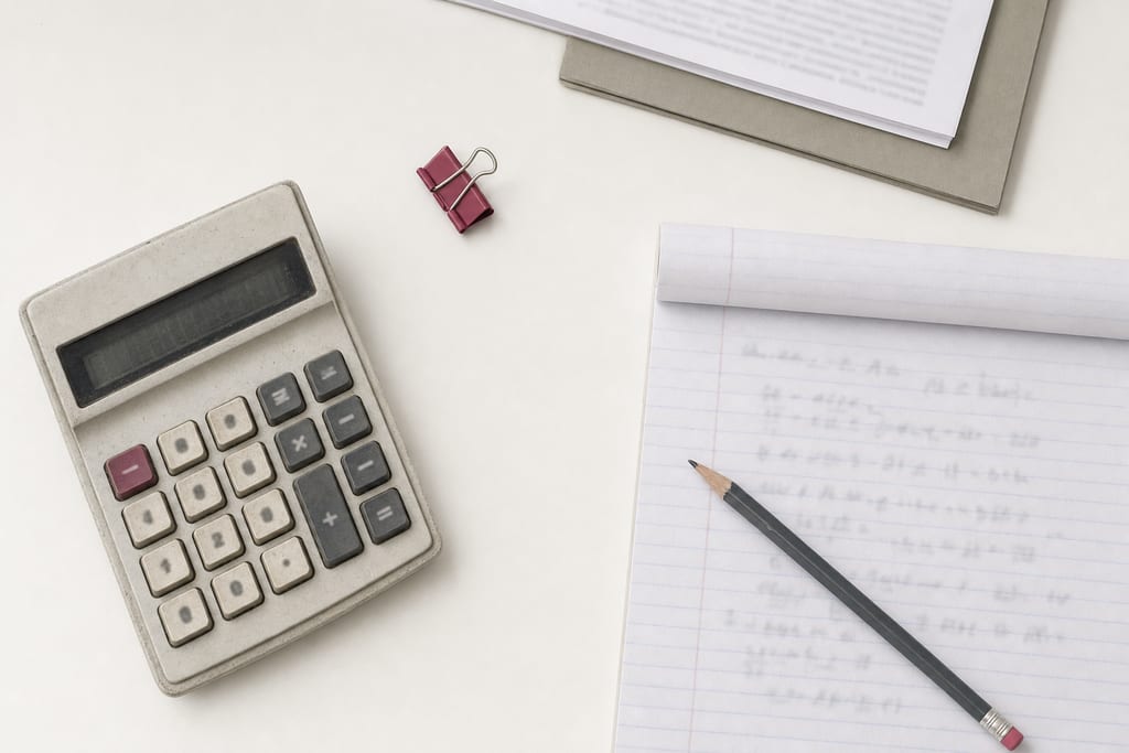 A worn desk calculator with mechanical keys beside a handwritten two-column sum