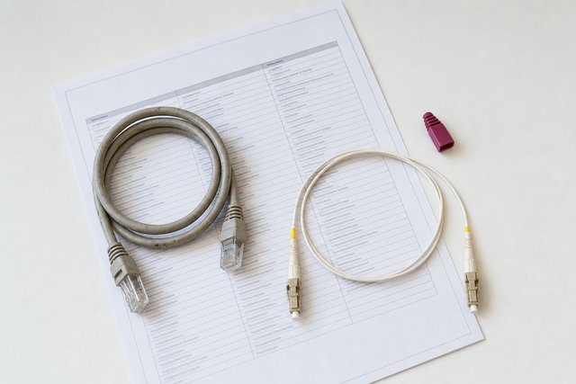 A coiled network cable and a fibre patch lead on a printed contract page