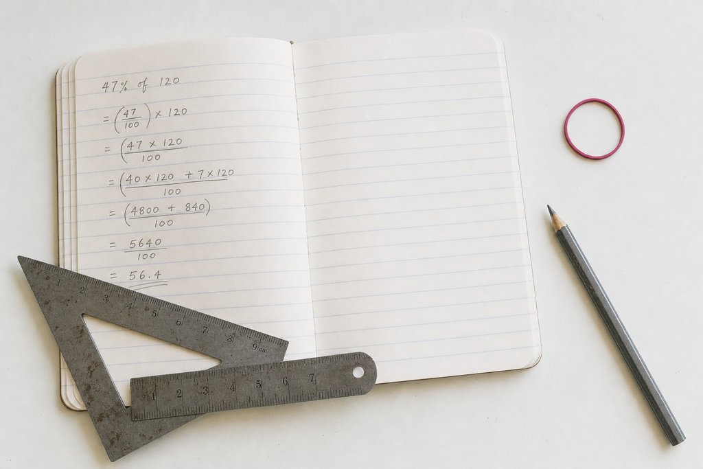 An open ruled notebook with an arithmetic working in pencil, a worn steel set square and short ruler across the corner, and a sharpened graphite pencil