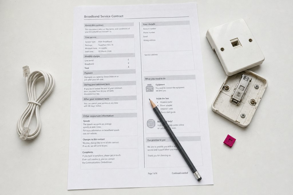 A printed broadband contract page with an unscrewed master socket faceplate, a coiled telephone lead and a pencil laid across it