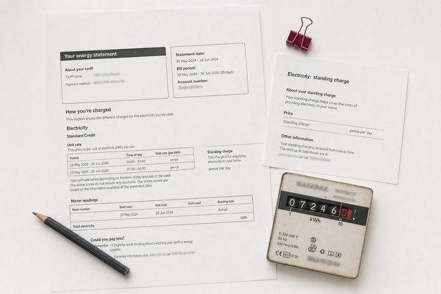 An energy statement showing a unit-rate table beside a standing-charge sheet and a meter reading card