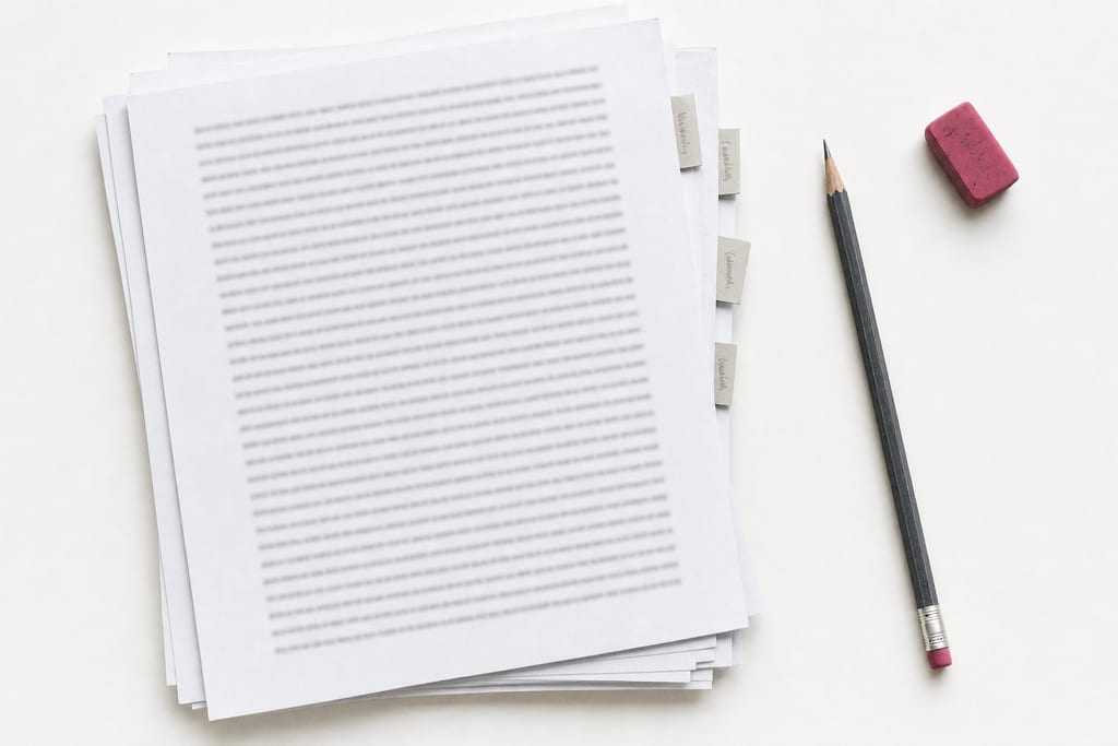 A short stack of loose printed sheets on a white desk with hand-written index tabs along one edge, a pencil and a used eraser beside it