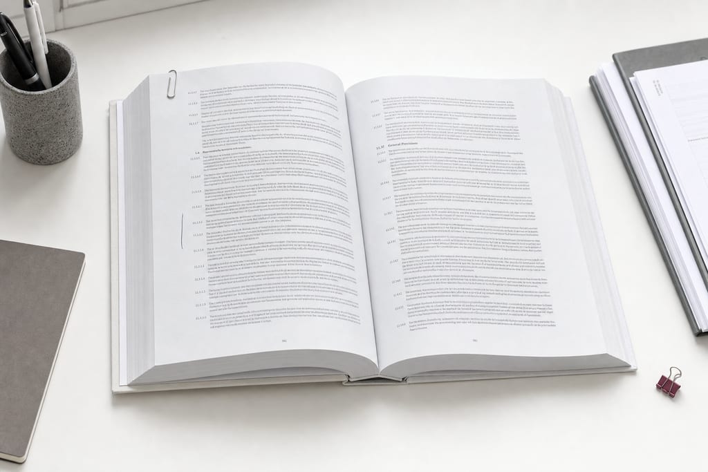 A thick printed booklet lying open flat on a white desk at a dense page of small clauses, one paragraph marked with a thin pencil line in the margin