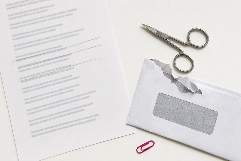 A printed list on a white desk with three of its lines struck through in pencil, a pair of small steel scissors and a torn window envelope beside it
