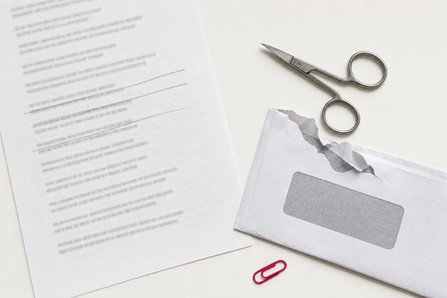 A printed list on a white desk with three of its lines struck through in pencil, a pair of small steel scissors and a torn window envelope beside it