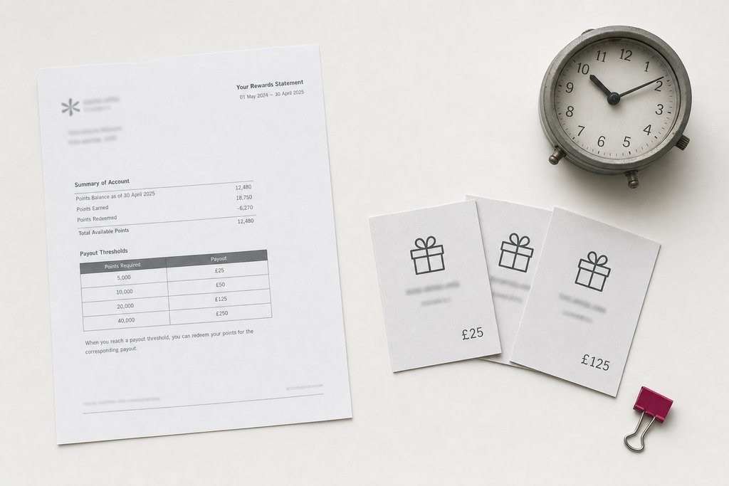 A printed rewards statement with a payout-threshold table, three voucher cards in a row and a small desk clock